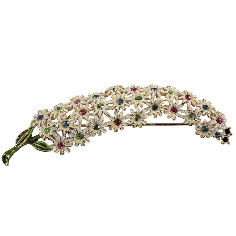 Vintage 60s Cream Enamel Daisy‎ Flower Spray Brooch Multicolor Rhinestones Gold